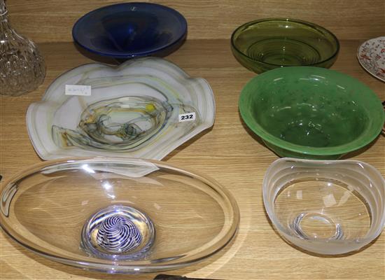 Six various Art glass bowls